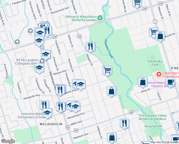 map of restaurants, bars, coffee shops, grocery stores, and more near 463 Fairlawn Street in Oshawa