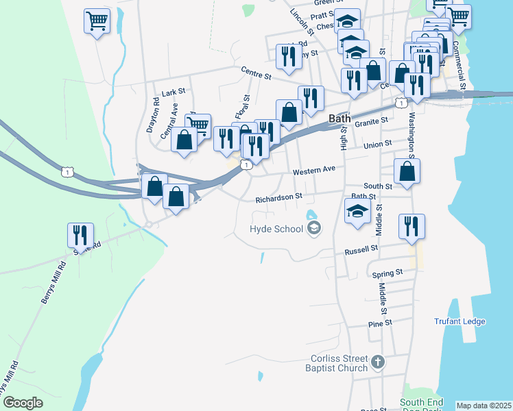 map of restaurants, bars, coffee shops, grocery stores, and more near 44 Pine Hill Drive in Bath