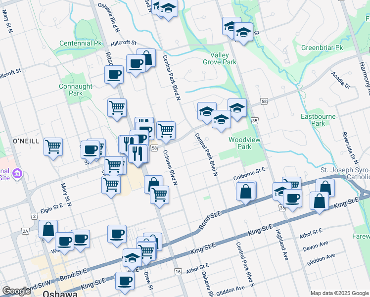 map of restaurants, bars, coffee shops, grocery stores, and more near in Oshawa