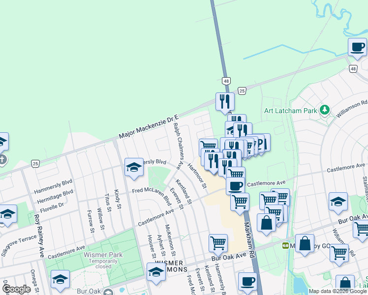 map of restaurants, bars, coffee shops, grocery stores, and more near 51 Ralph Chalmers Avenue in Markham