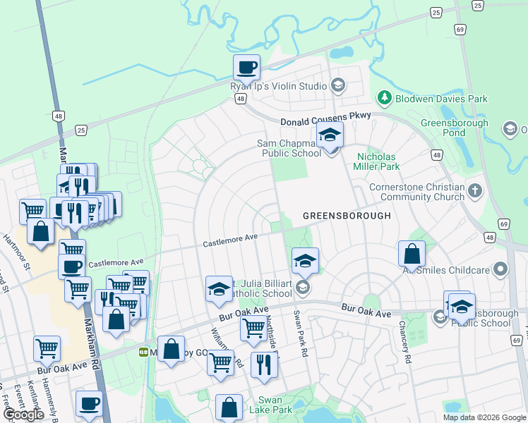 map of restaurants, bars, coffee shops, grocery stores, and more near 15 Charing Cross Lane in Markham