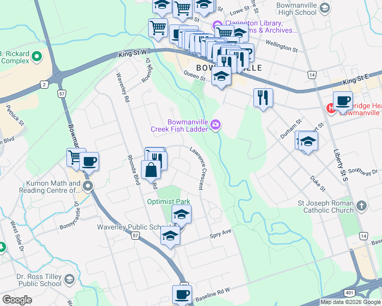 map of restaurants, bars, coffee shops, grocery stores, and more near 49 Lawrence Crescent in Clarington