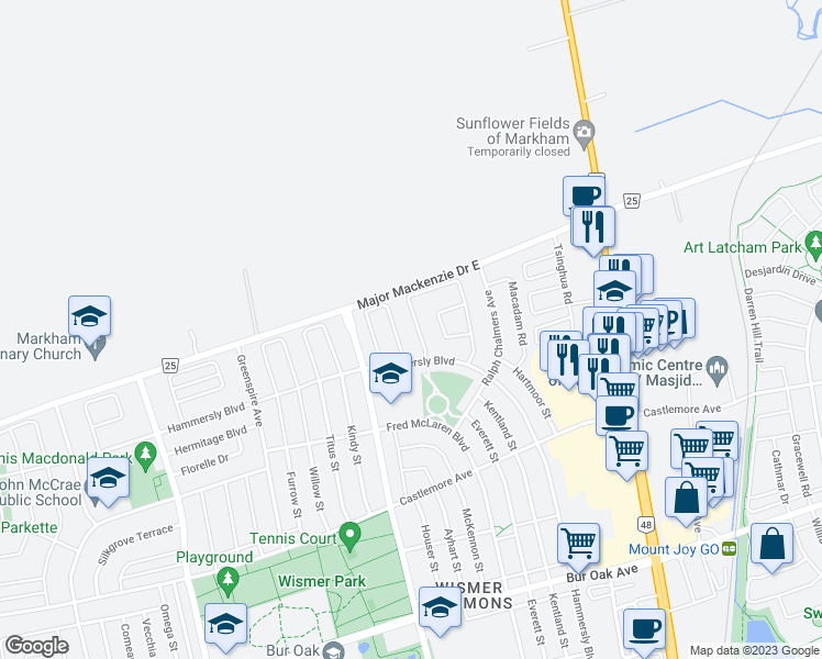 map of restaurants, bars, coffee shops, grocery stores, and more near 14 Evershot Crescent in Markham