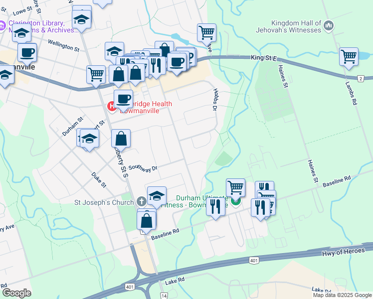 map of restaurants, bars, coffee shops, grocery stores, and more near 65 Simpson Avenue in Bowmanville