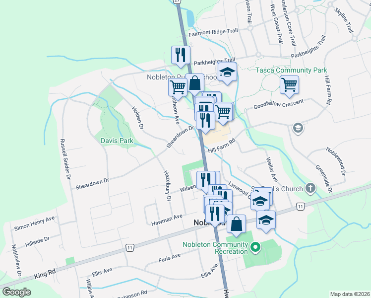 map of restaurants, bars, coffee shops, grocery stores, and more near 17 Chamberlain Court in Nobleton
