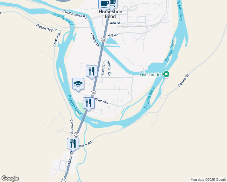 map of restaurants, bars, coffee shops, grocery stores, and more near 115 Adams Street in Horseshoe Bend
