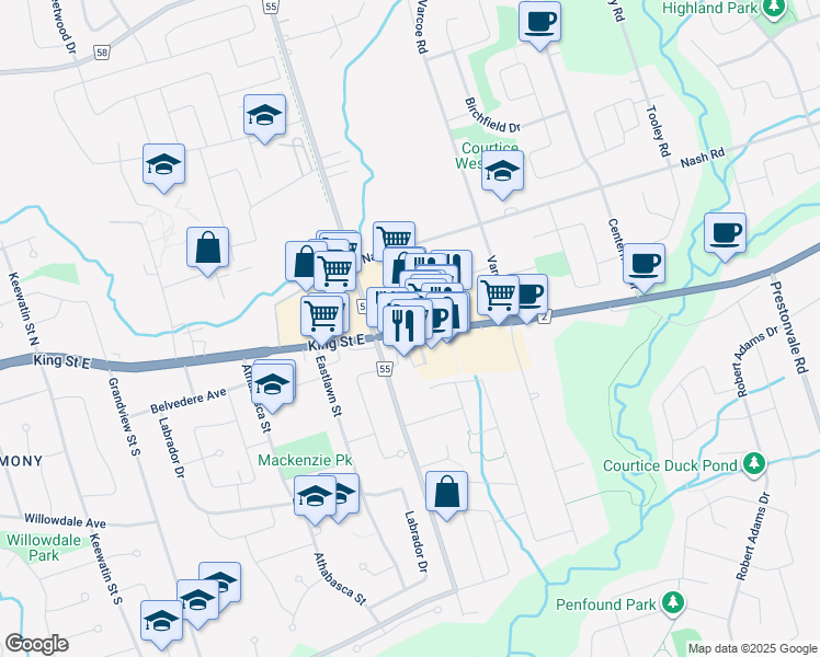 map of restaurants, bars, coffee shops, grocery stores, and more near in Courtice