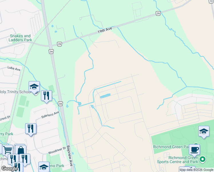 map of restaurants, bars, coffee shops, grocery stores, and more near 125 Prairie Rose Drive in Richmond Hill