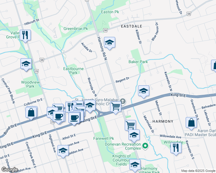 map of restaurants, bars, coffee shops, grocery stores, and more near in Oshawa
