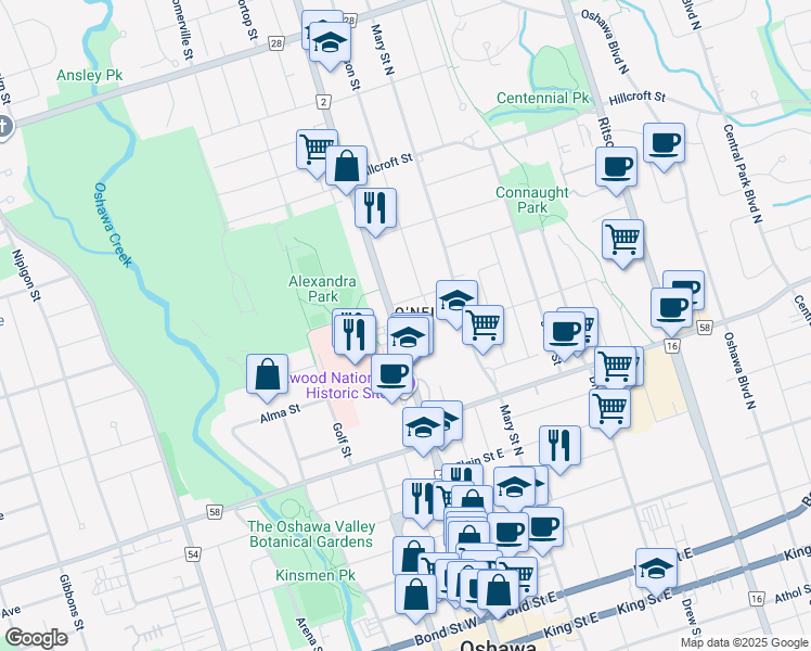 map of restaurants, bars, coffee shops, grocery stores, and more near in Oshawa