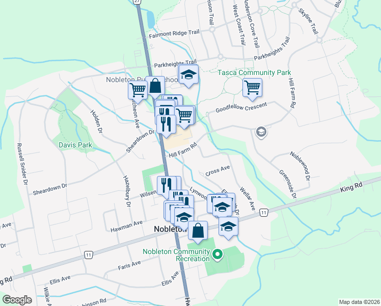 map of restaurants, bars, coffee shops, grocery stores, and more near 23 Hill Farm Road in Nobleton