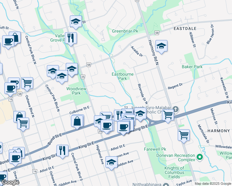 map of restaurants, bars, coffee shops, grocery stores, and more near 126 Sussex Street in Oshawa