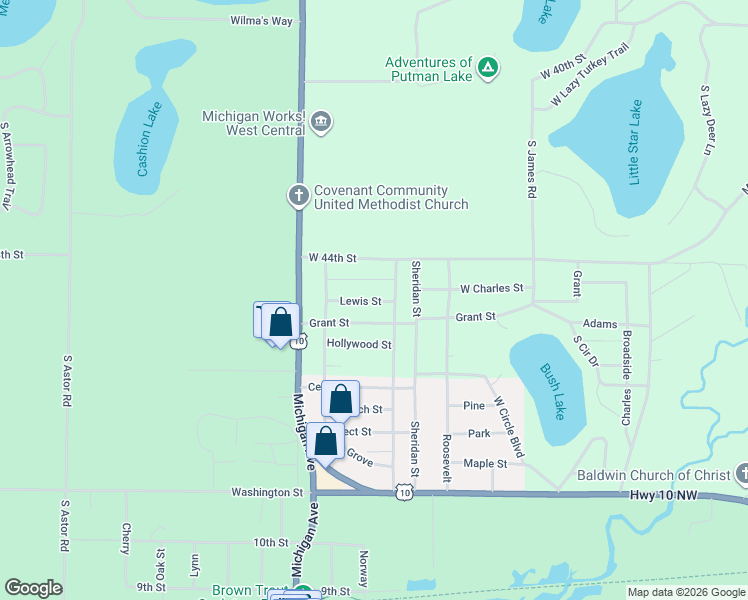 map of restaurants, bars, coffee shops, grocery stores, and more near 2301 Lewis Street in Baldwin
