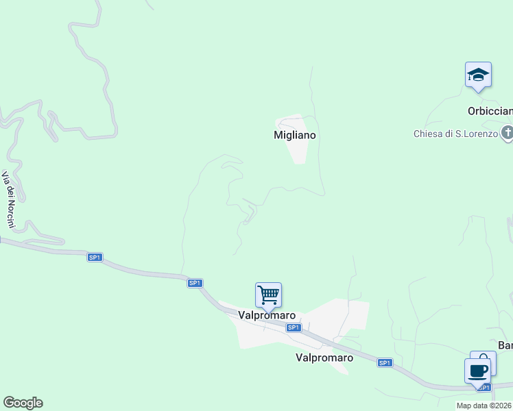 map of restaurants, bars, coffee shops, grocery stores, and more near 41A Via Migliano in Provincia di Lucca