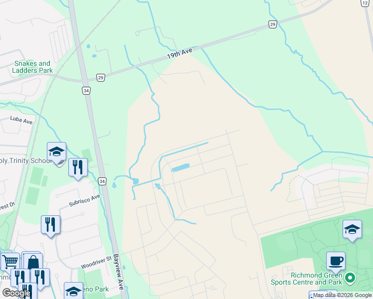 map of restaurants, bars, coffee shops, grocery stores, and more near 119 Prairie Rose Drive in Richmond Hill