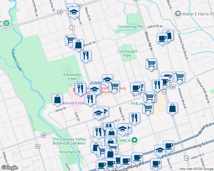 map of restaurants, bars, coffee shops, grocery stores, and more near 337 Masson Street in Oshawa