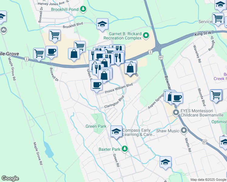 map of restaurants, bars, coffee shops, grocery stores, and more near 49 Prince William Boulevard in Bowmanville