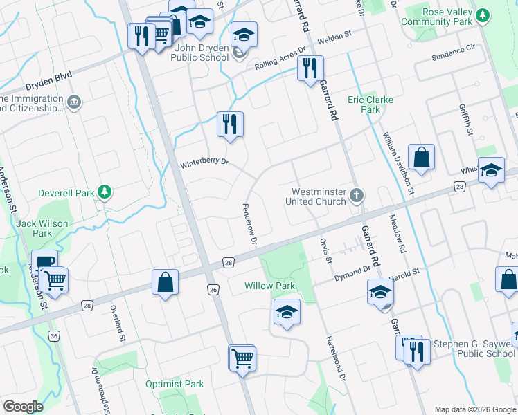 map of restaurants, bars, coffee shops, grocery stores, and more near 36 Ravenview Drive in Whitby