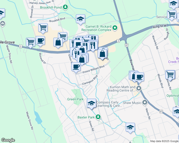 map of restaurants, bars, coffee shops, grocery stores, and more near 49 Prince William Boulevard in Bowmanville