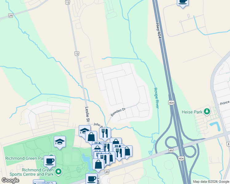 map of restaurants, bars, coffee shops, grocery stores, and more near 33 Mallery Street in Richmond Hill