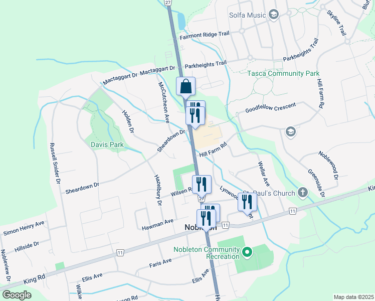 map of restaurants, bars, coffee shops, grocery stores, and more near 23 Chamberlain Court in Nobleton
