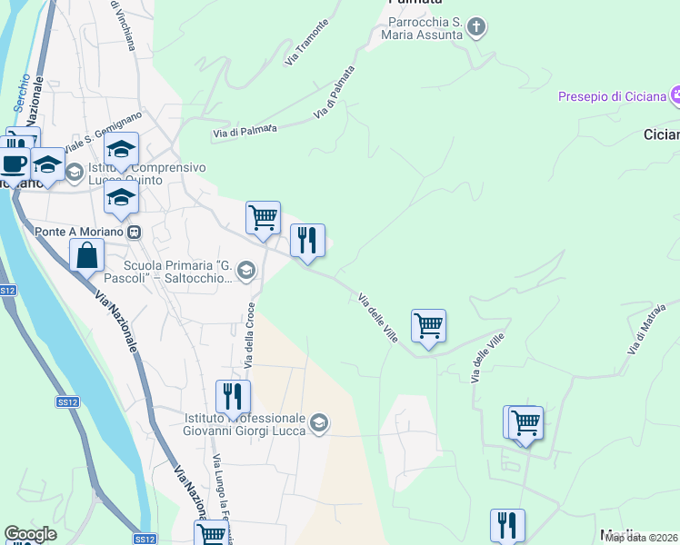 map of restaurants, bars, coffee shops, grocery stores, and more near 34 Via di Casa Cimi in Lucca