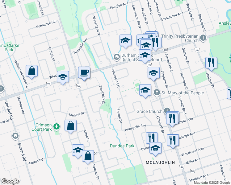 map of restaurants, bars, coffee shops, grocery stores, and more near 560 Waverly Street North in Oshawa