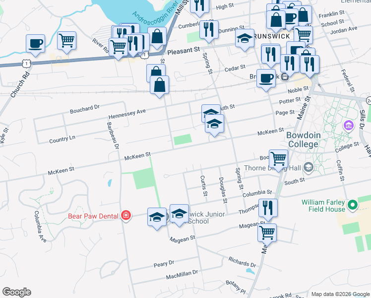 map of restaurants, bars, coffee shops, grocery stores, and more near 61 McKeen Street in Brunswick