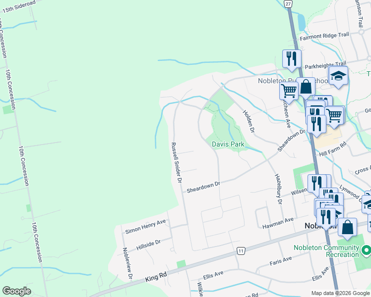 map of restaurants, bars, coffee shops, grocery stores, and more near 10 Kehoe Court in Nobleton