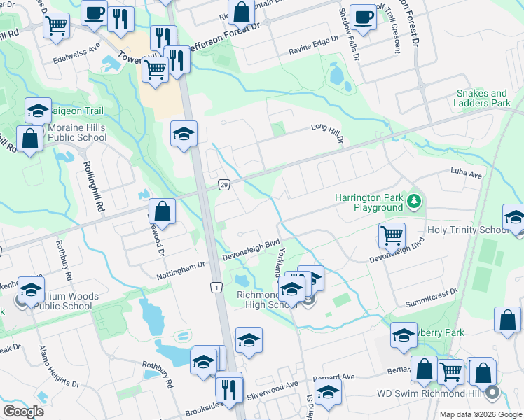 map of restaurants, bars, coffee shops, grocery stores, and more near 12 Woodstone Avenue in Richmond Hill