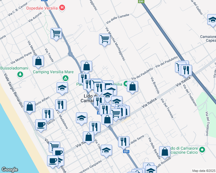 map of restaurants, bars, coffee shops, grocery stores, and more near 61 Via della Gronda in Lido di Camaiore