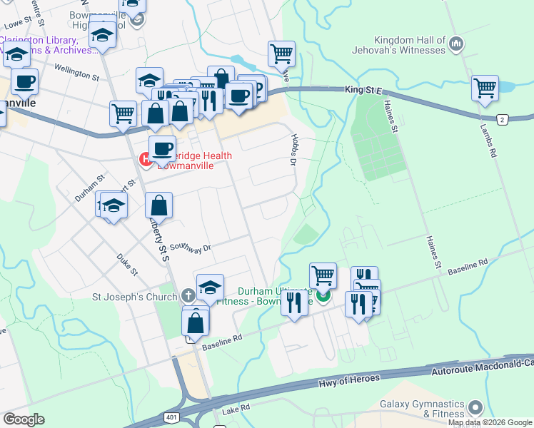 map of restaurants, bars, coffee shops, grocery stores, and more near 15 Morgandale Crescent in Bowmanville