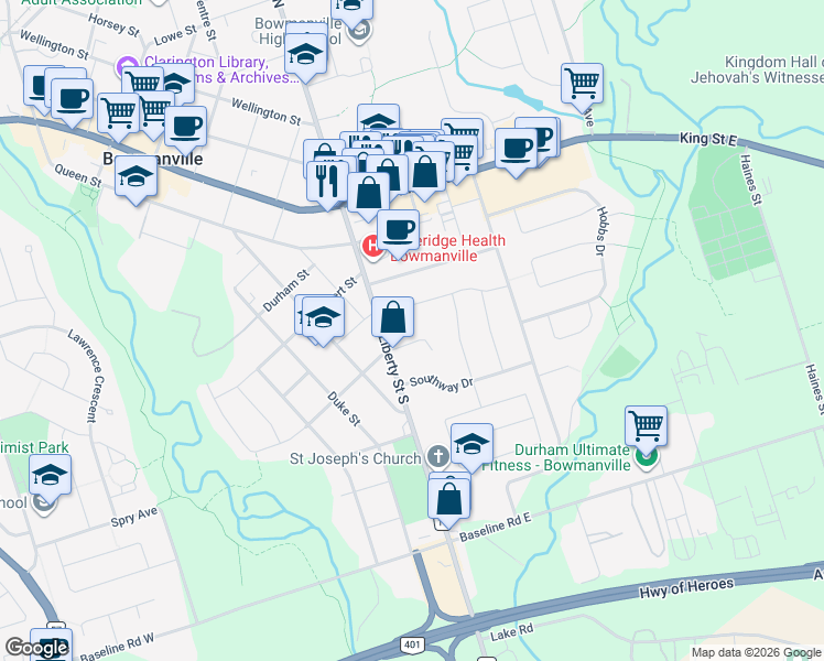 map of restaurants, bars, coffee shops, grocery stores, and more near 6 Nelson Street in Bowmanville