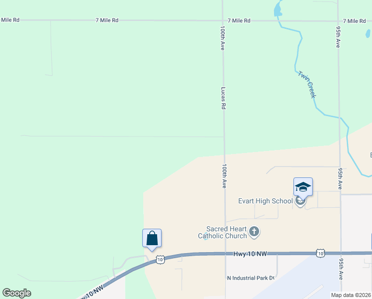 map of restaurants, bars, coffee shops, grocery stores, and more near 10370 Berri Road in Evart