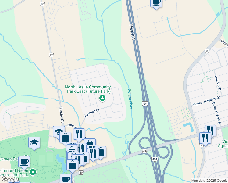 map of restaurants, bars, coffee shops, grocery stores, and more near 127 Bawden Drive in Richmond Hill