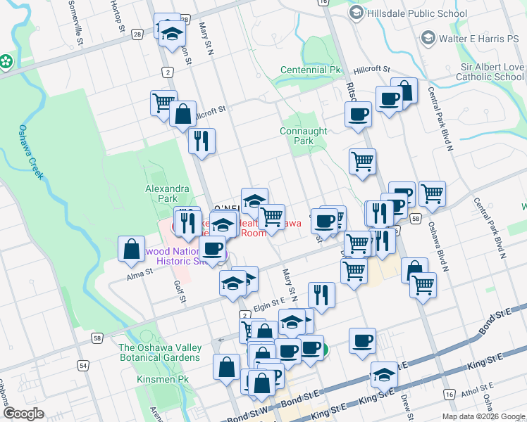 map of restaurants, bars, coffee shops, grocery stores, and more near 345 Mary Street North in Oshawa