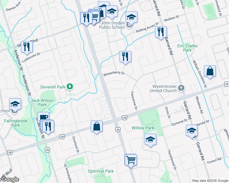 map of restaurants, bars, coffee shops, grocery stores, and more near in Whitby