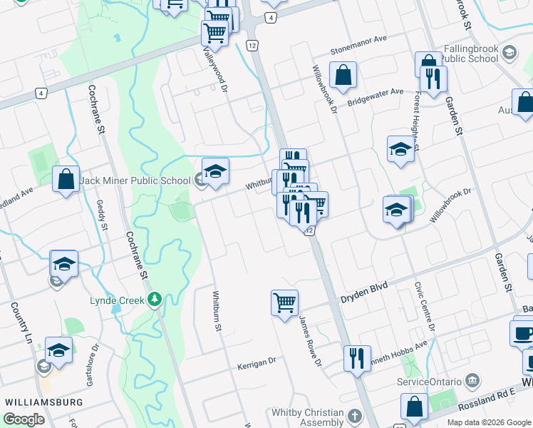 map of restaurants, bars, coffee shops, grocery stores, and more near 35 Vintage Drive in Whitby