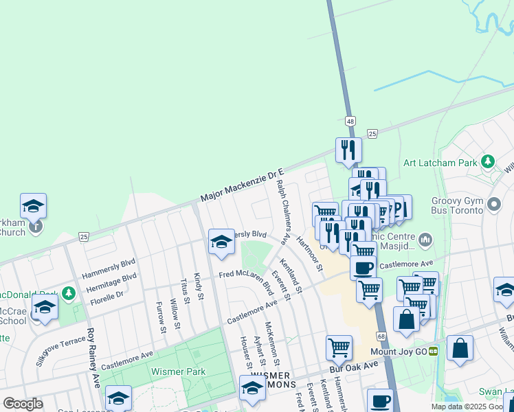 map of restaurants, bars, coffee shops, grocery stores, and more near 34 Beebe Crescent in Markham