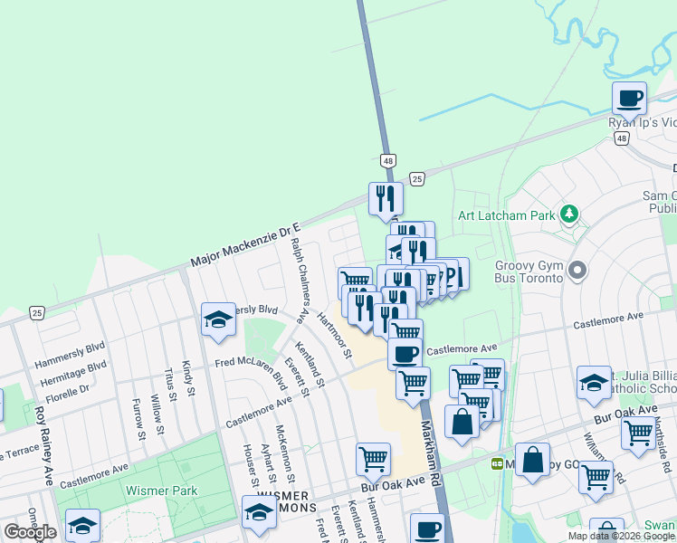 map of restaurants, bars, coffee shops, grocery stores, and more near 58 Massachusetts Lane in Markham