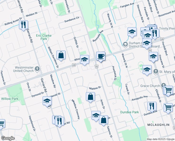 map of restaurants, bars, coffee shops, grocery stores, and more near 570 Thornton Road North in Oshawa