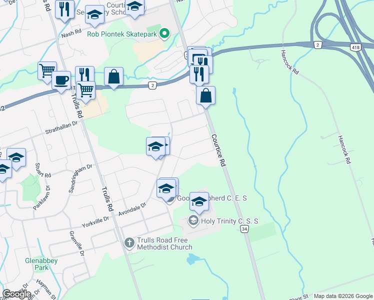 map of restaurants, bars, coffee shops, grocery stores, and more near 37 Fieldcrest Avenue in Courtice
