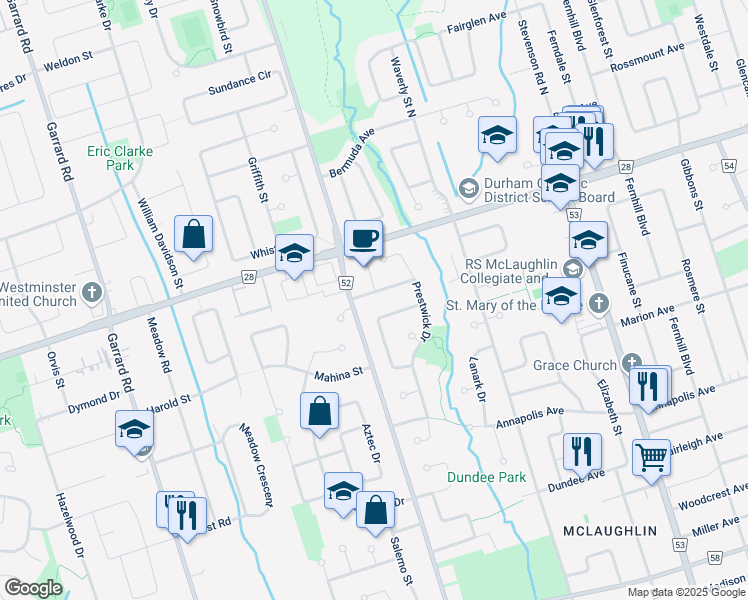 map of restaurants, bars, coffee shops, grocery stores, and more near 600 Prestwick Drive in Oshawa