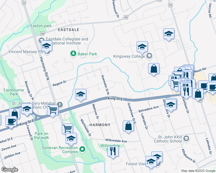map of restaurants, bars, coffee shops, grocery stores, and more near 1024 Newbury Avenue in Oshawa