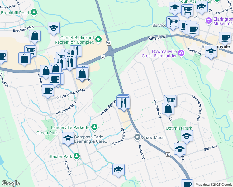 map of restaurants, bars, coffee shops, grocery stores, and more near 2 Glen Ray Court in Bowmanville