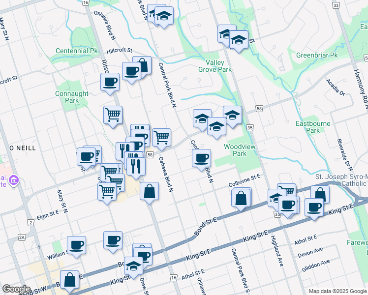 map of restaurants, bars, coffee shops, grocery stores, and more near in Oshawa