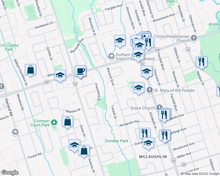 map of restaurants, bars, coffee shops, grocery stores, and more near in Oshawa
