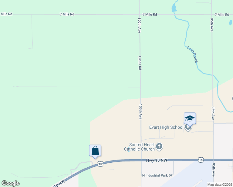 map of restaurants, bars, coffee shops, grocery stores, and more near 10370 Berri Road in Evart