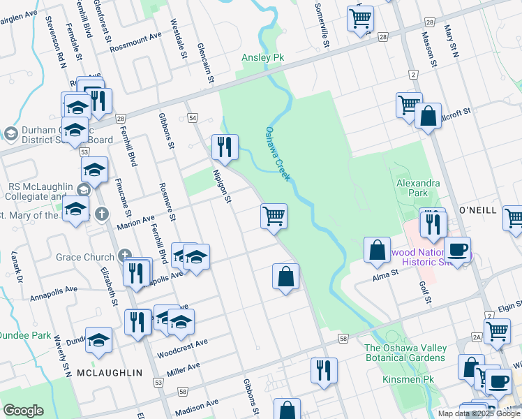 map of restaurants, bars, coffee shops, grocery stores, and more near 297 Admiral Road in Oshawa