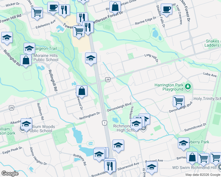 map of restaurants, bars, coffee shops, grocery stores, and more near 7 Zippora Drive in Richmond Hill